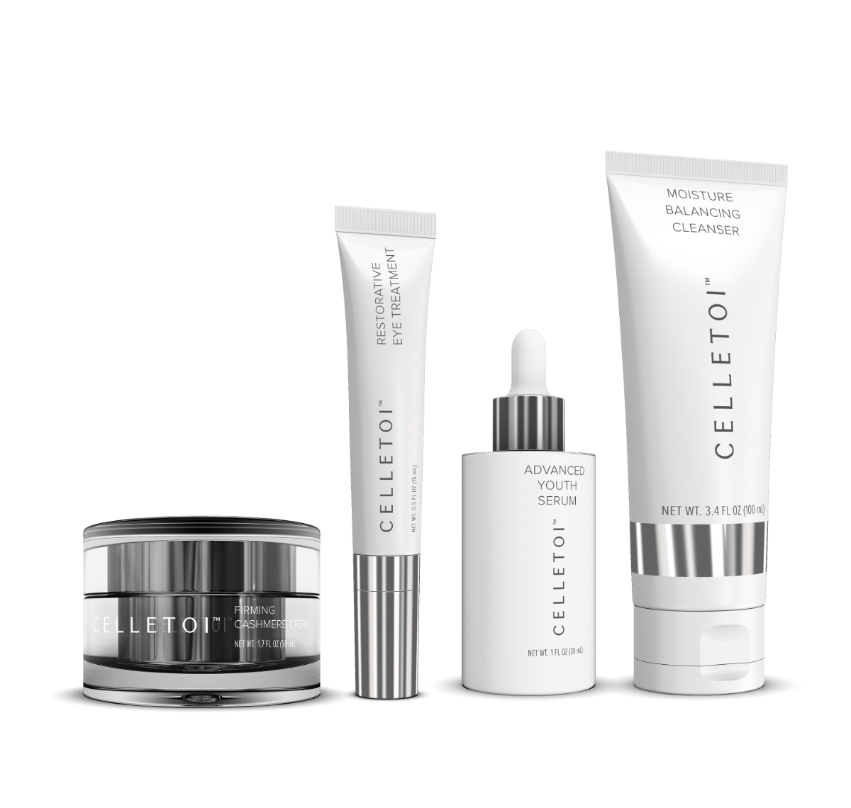 a group of cosmetics products including a bottle of cream