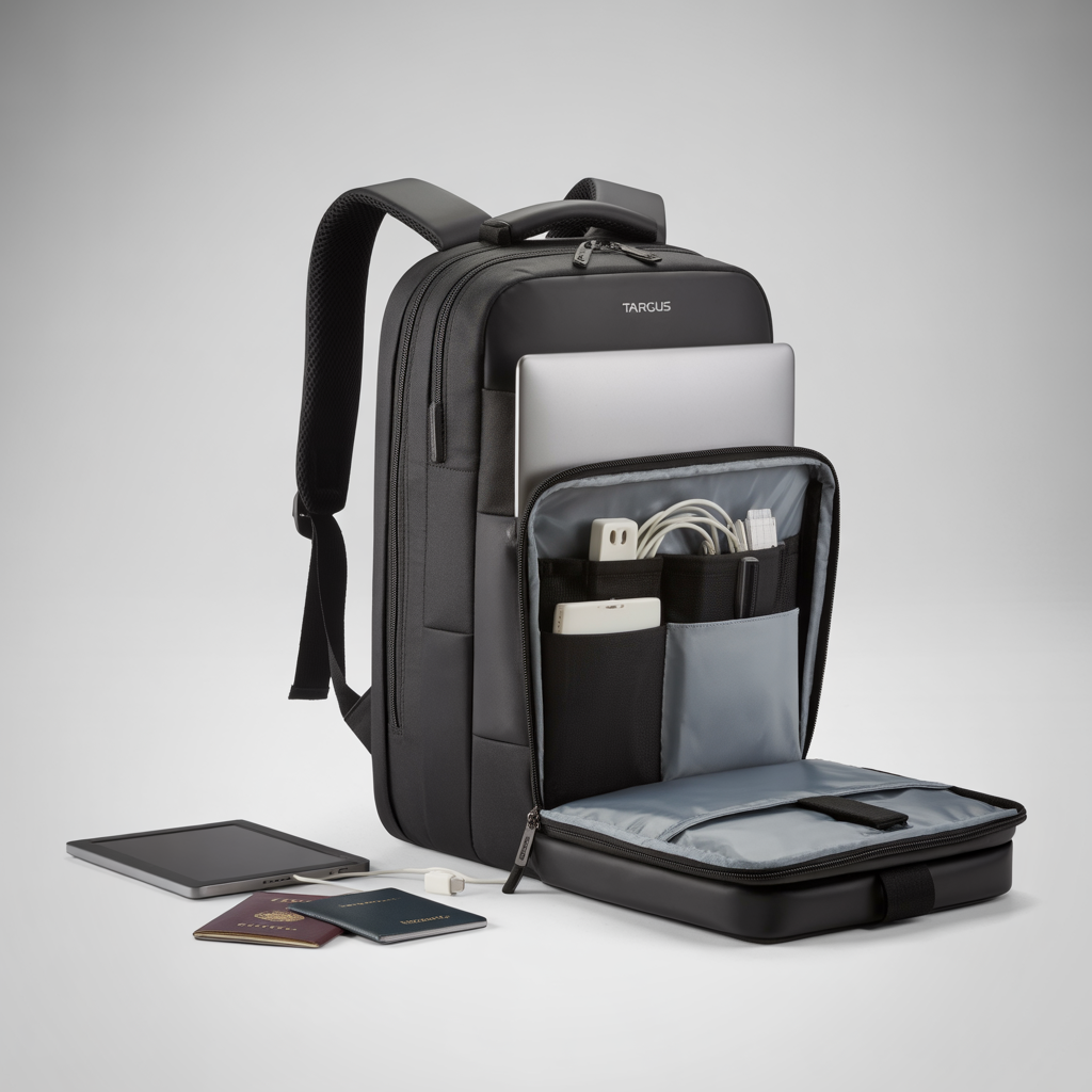 Targus laptop backpack with organized compartments for a laptop, tablet, charger, and travel documents.