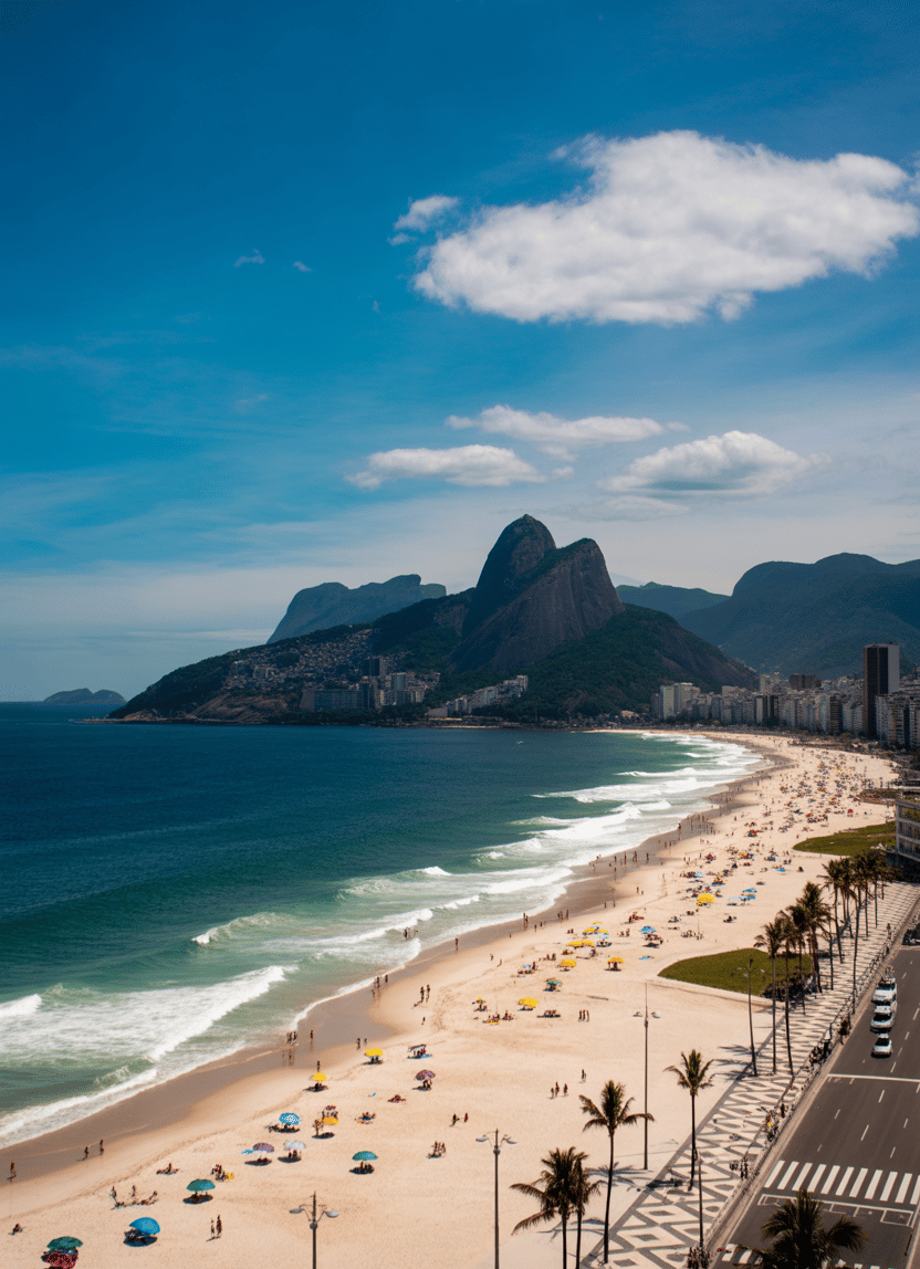 Aerial view of Ipanema Beach in Rio de Janeiro with Two Brothers Mountain in the background.