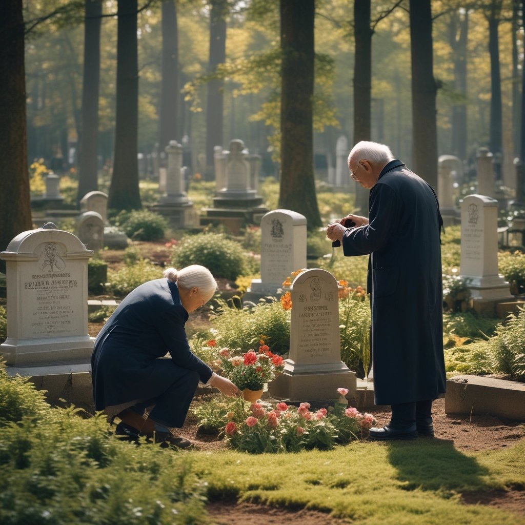 in einem waldfriedhof. zwei alte menschen gießen ein grab auf dem friedhof das grab hat viele blumen