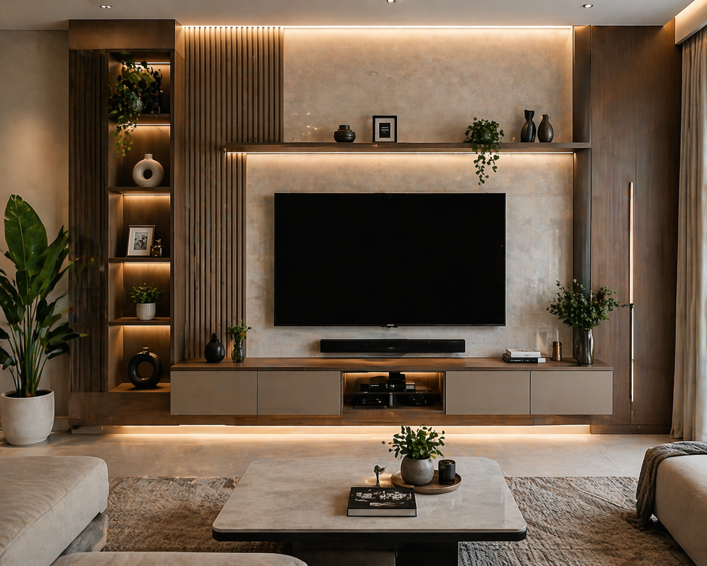 Modern luxury living room featuring a wall-mounted TV, wood slat accents, and warm integrated LED lighting.
