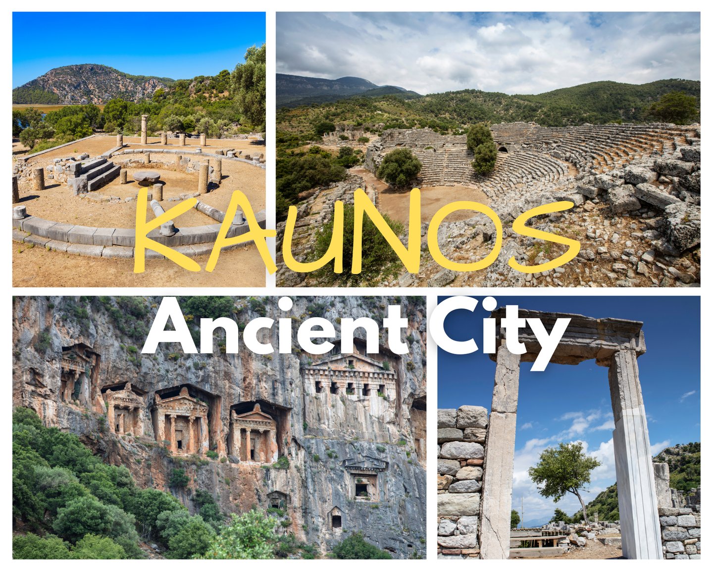 a collage of photos of a collage of ancient ruins of Kaunos