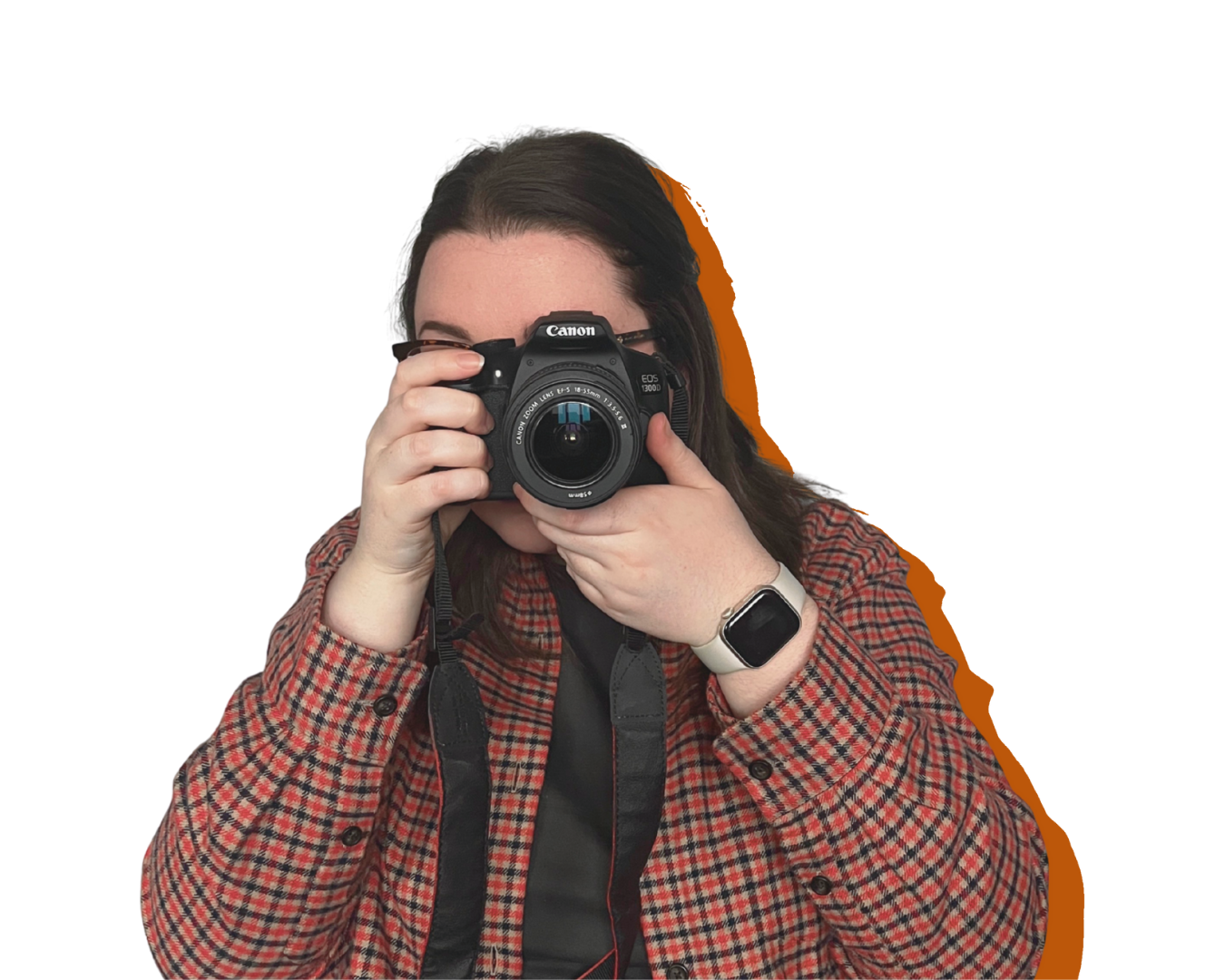 A women (Erin, owner of EB Socials) pointing a canon camera at the camera