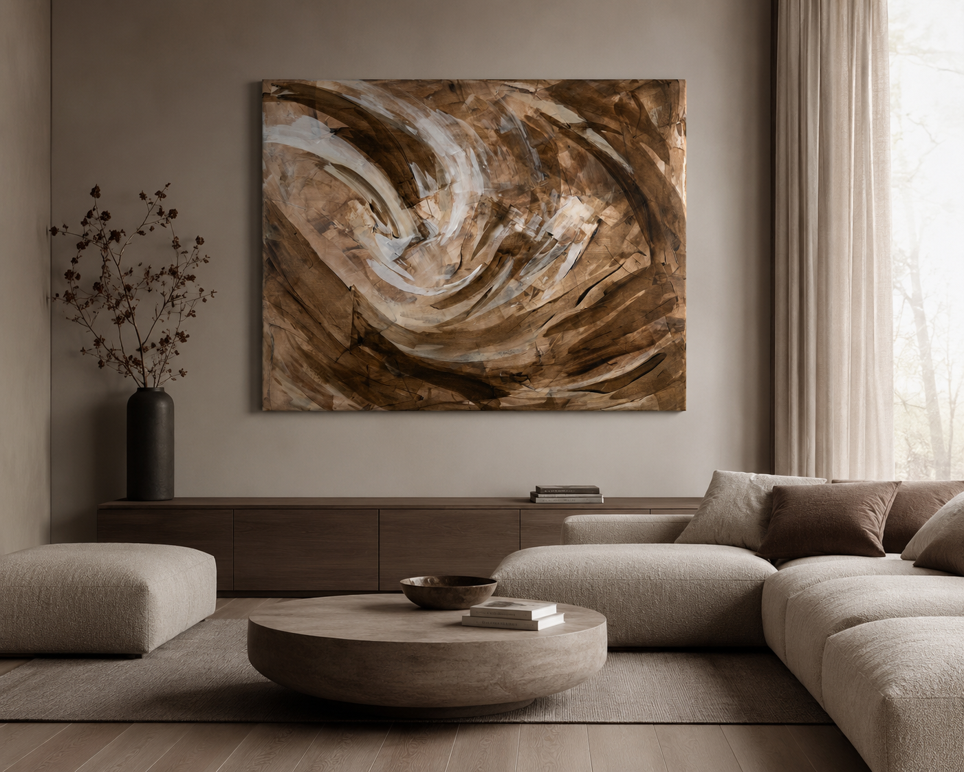 Modern living room with a large brown abstract painting above a beige sectional sofa and wooden coffee table.