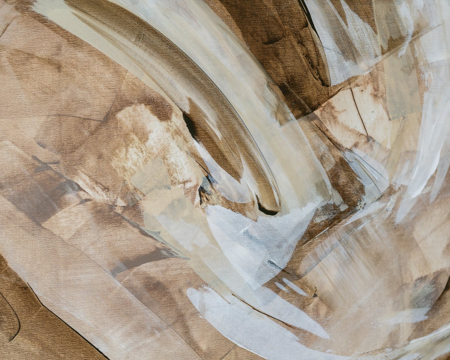 Abstract acrylic painting with expressive brushstrokes in neutral beige, tan, and white tones on textured canvas.