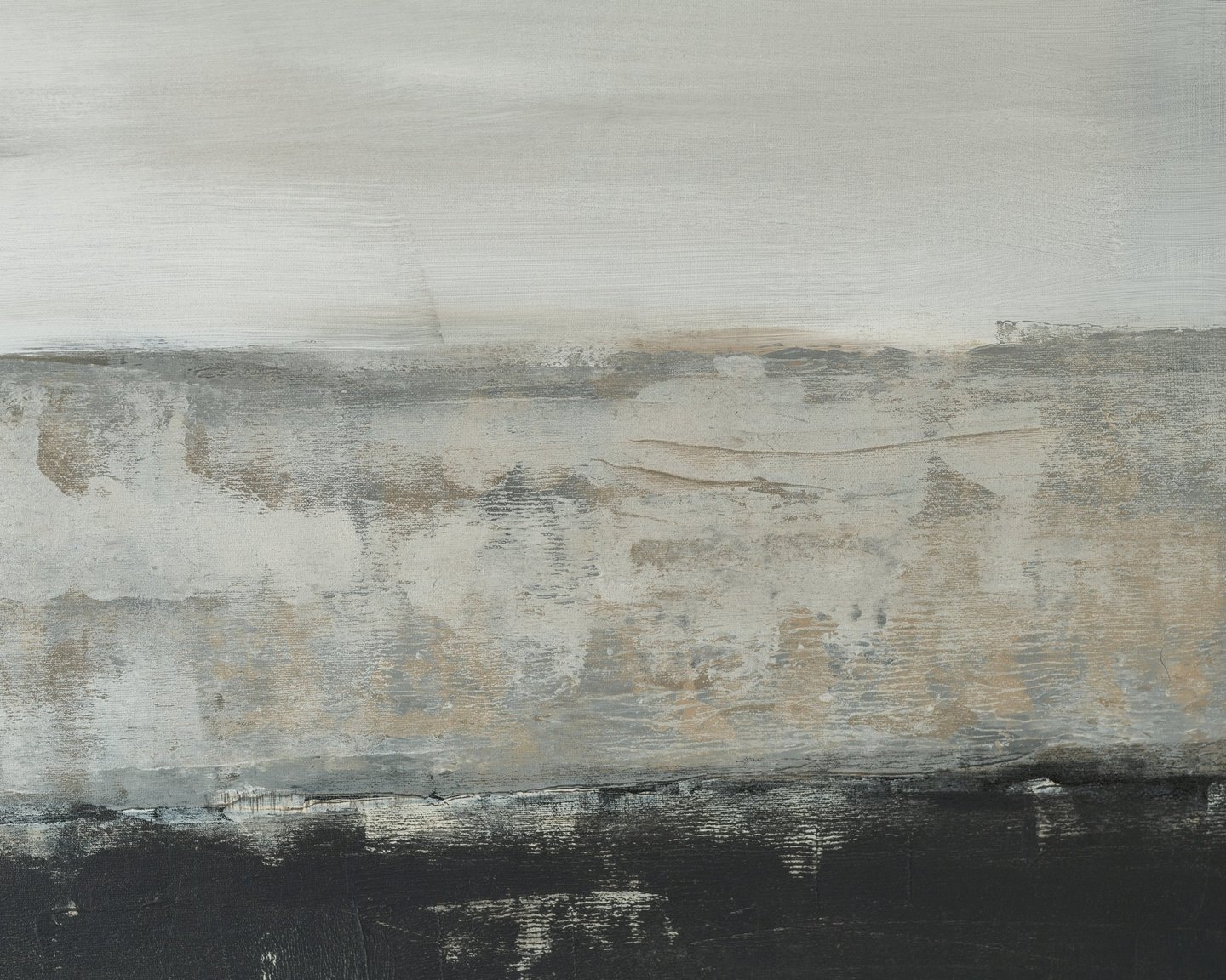 Minimalist abstract landscape painting featuring textured layers of grey, beige, and black acrylic paint on canvas.