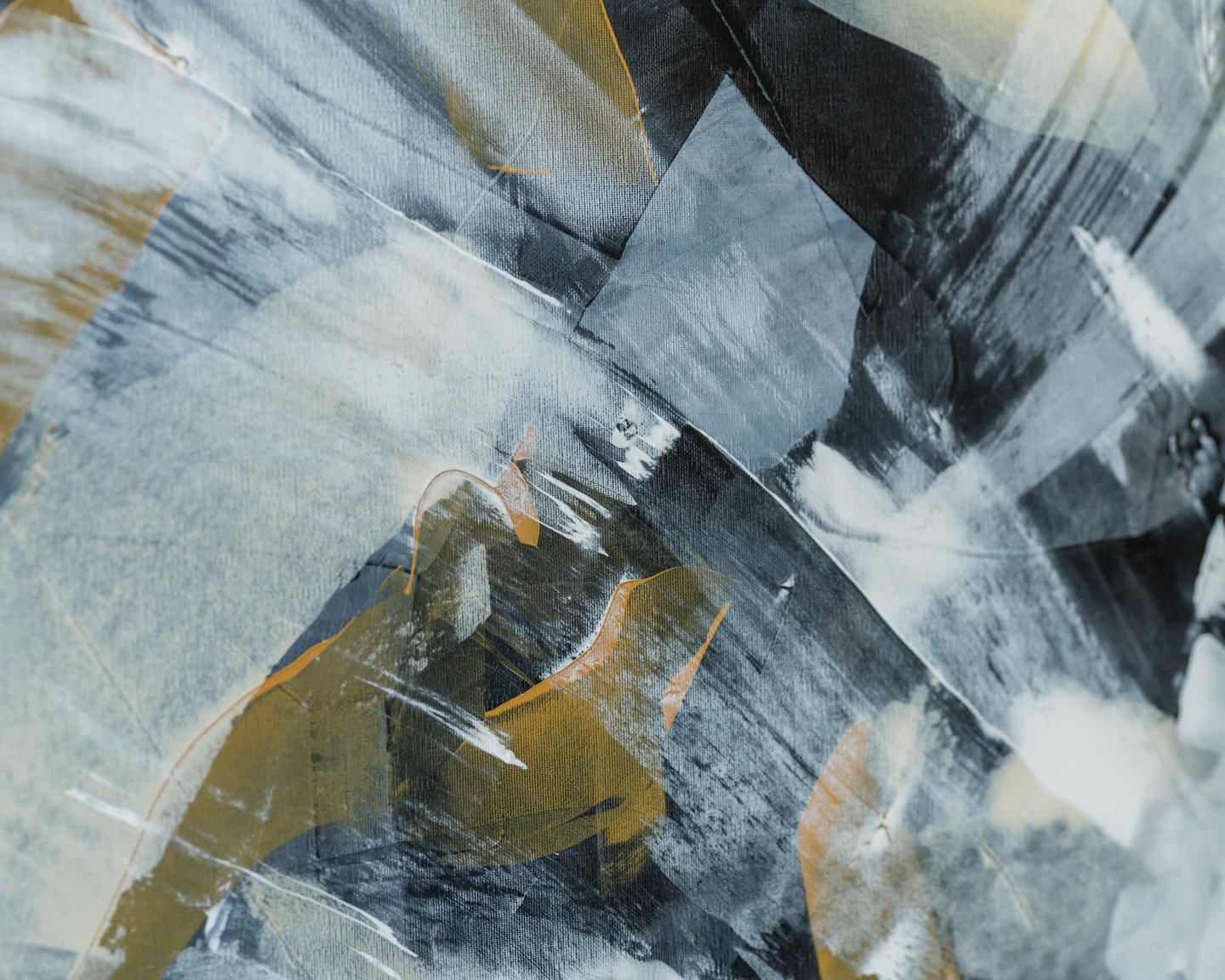 Abstract acrylic canvas painting with textured brushstrokes in grey, black, gold, and white.