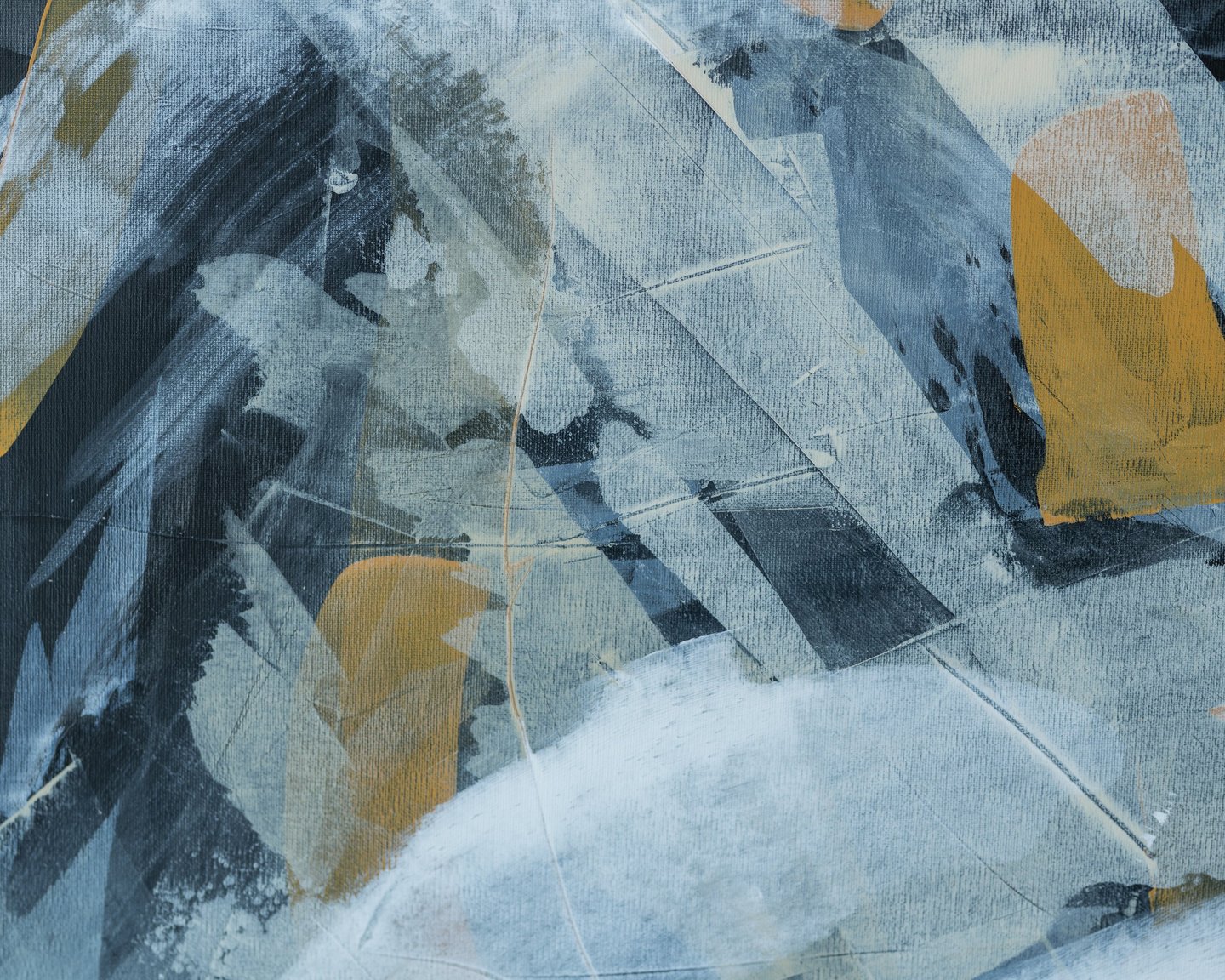Abstract acrylic painting with textured blue, gray, and mustard yellow brushstrokes on canvas.