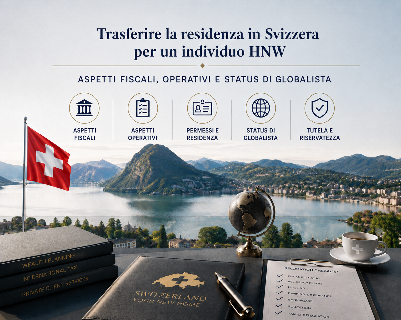 Infographic about HNW residency in Switzerland featuring a scenic lake view and relocation checklist.