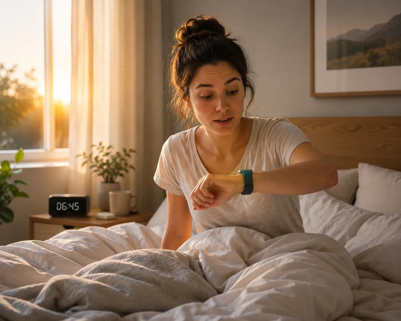A woman in bed checks her fitness tracker smartwatch at sunrise to track sleep quality.