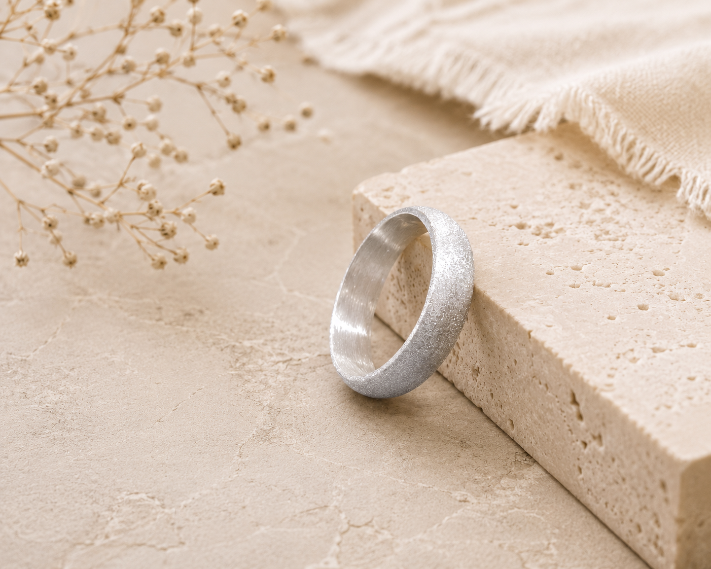 Frosted 999 fine silver wedding band for men leaning against a beige travertine stone block.