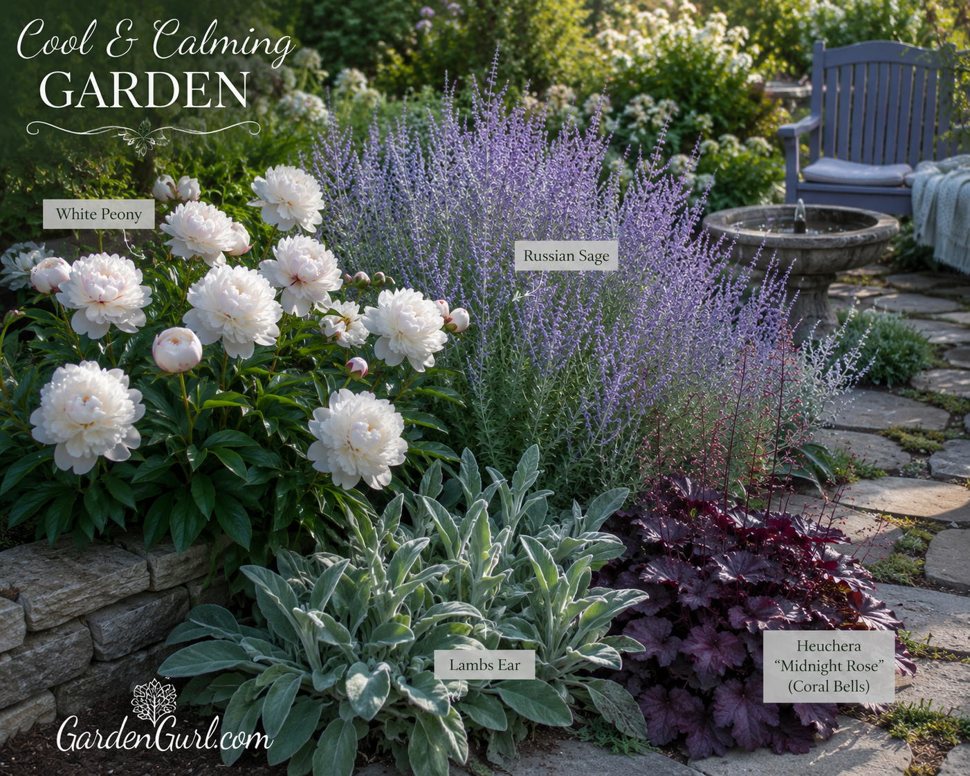 Lush garden landscape featuring white peonies, purple Russian sage, silver lambs ear, and dark heuchera plants.