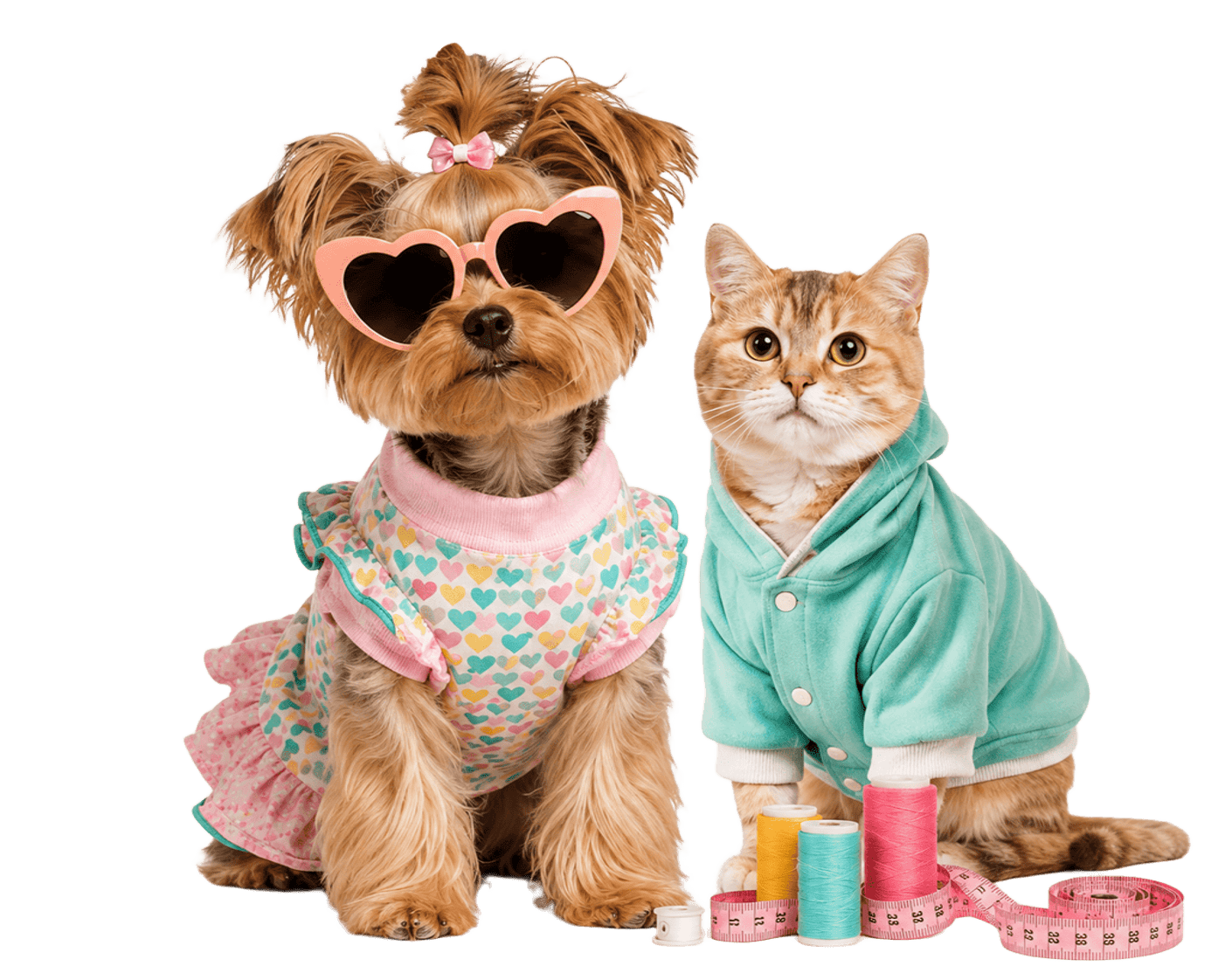 Yorkshire Terrier y gato pelirrojo con ropa de moda para mascotas y gafas de sol en forma de corazón