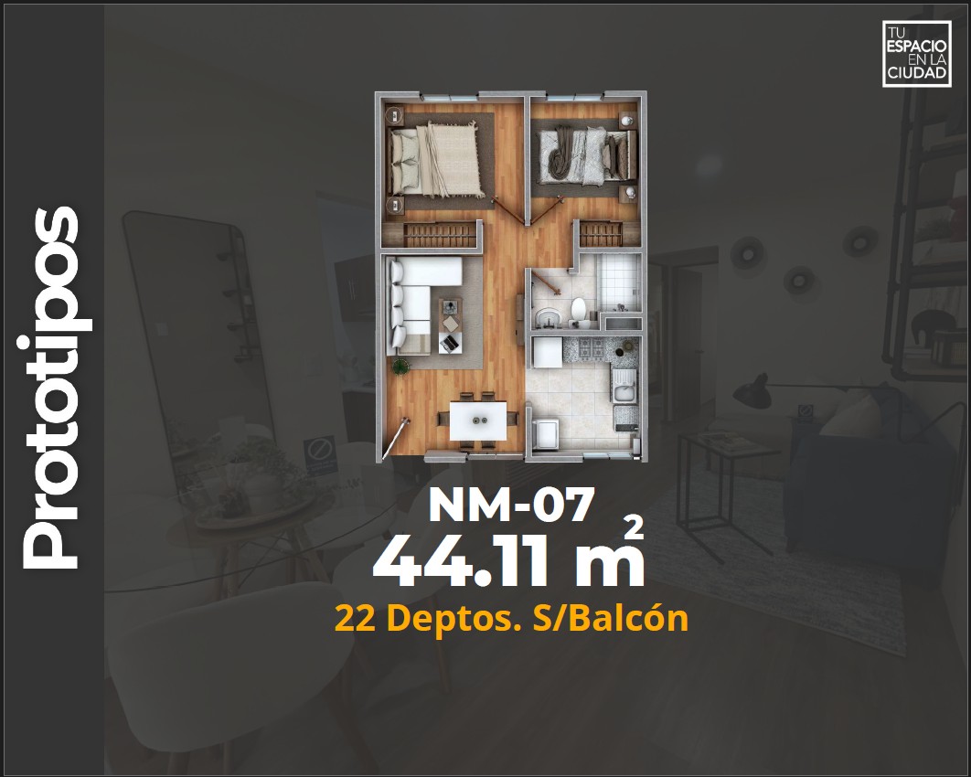 LASU Características Depto.  Plano con 2 recamaras, sala comedor, baño y cocina. 44 m2
