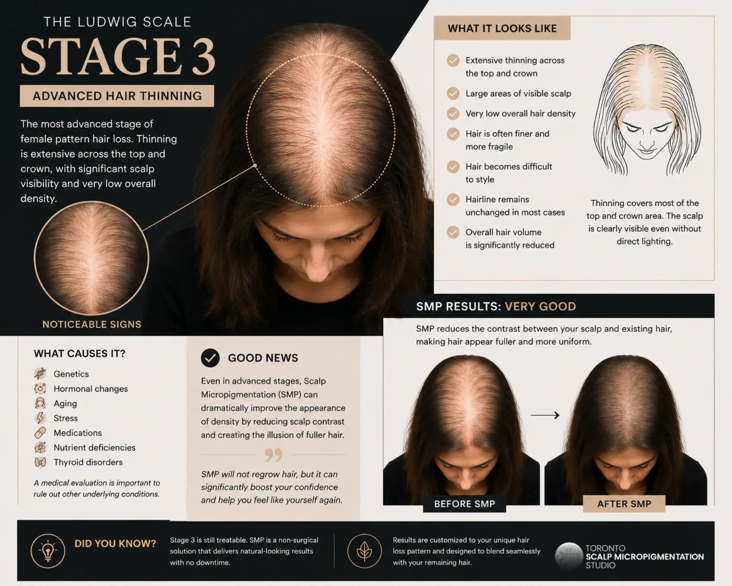 Infographic showing Stage 3 Ludwig Scale female pattern hair loss and Scalp Micropigmentation before and after results.