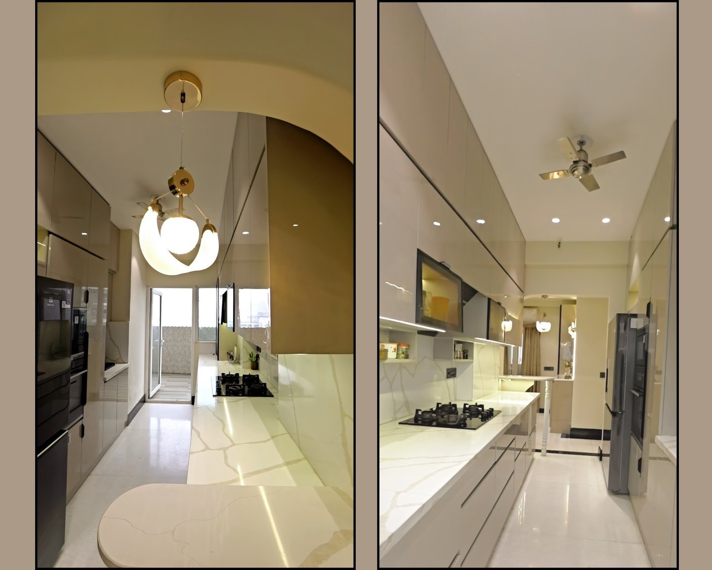 Modern galley kitchen featuring sleek beige cabinets, white marble countertops, and a stylish gold pendant light.