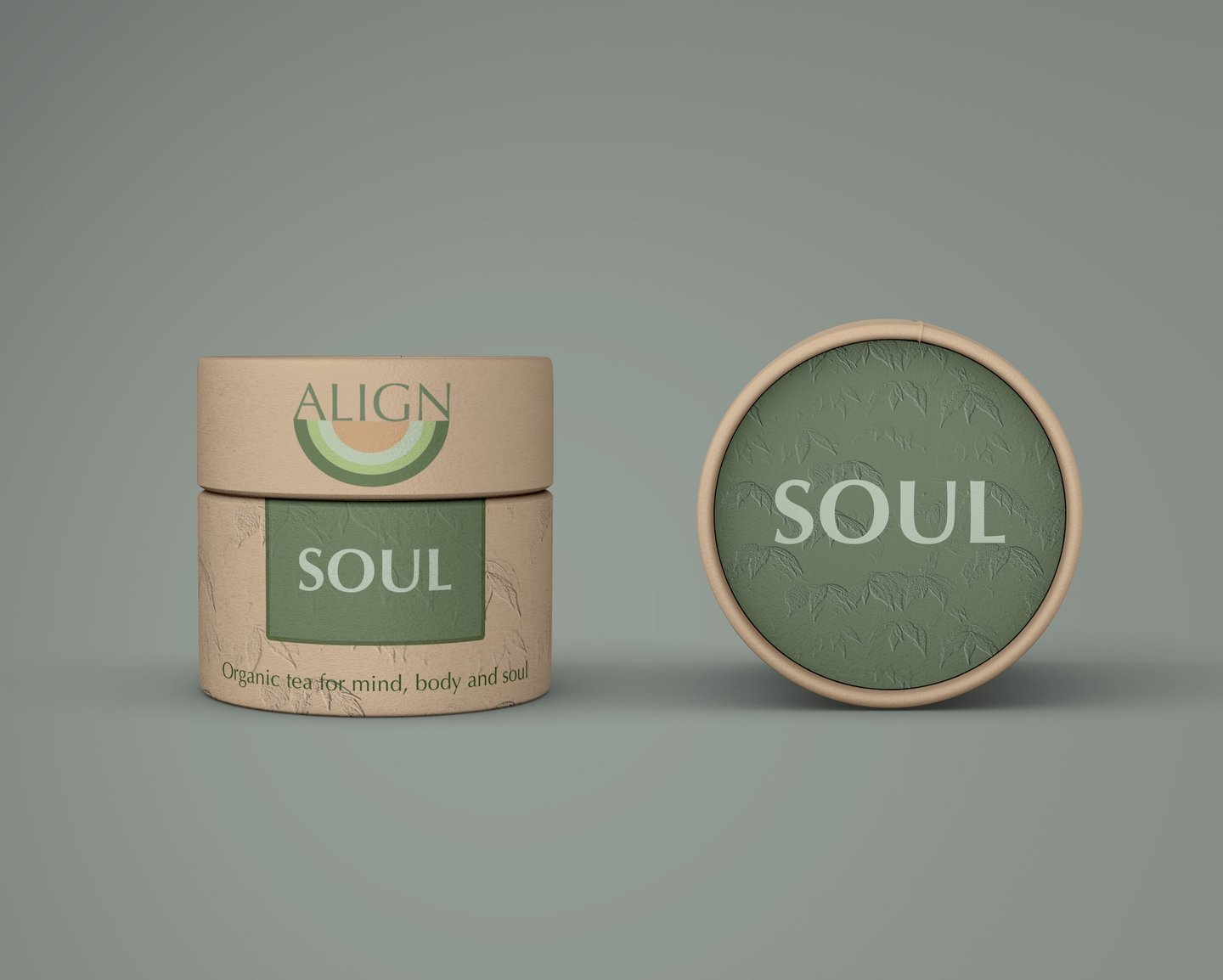 Close-up of Align Soul tea packaging with textured cardboard finish and semi-circle logo on lid