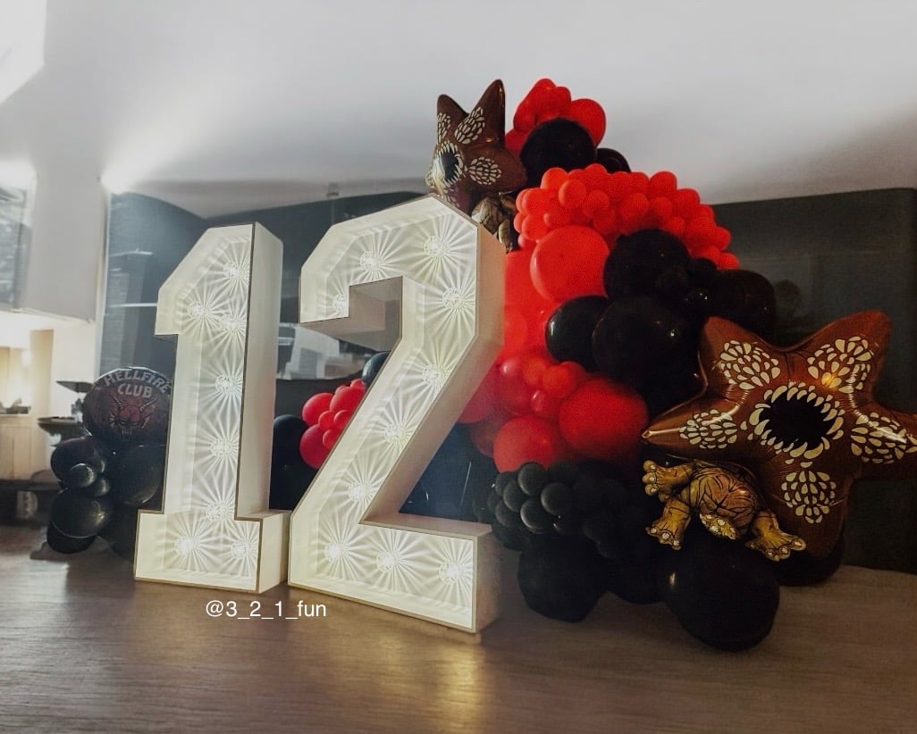 4ft LED Light up number hire Sussex Stranger things birthday balloon garland