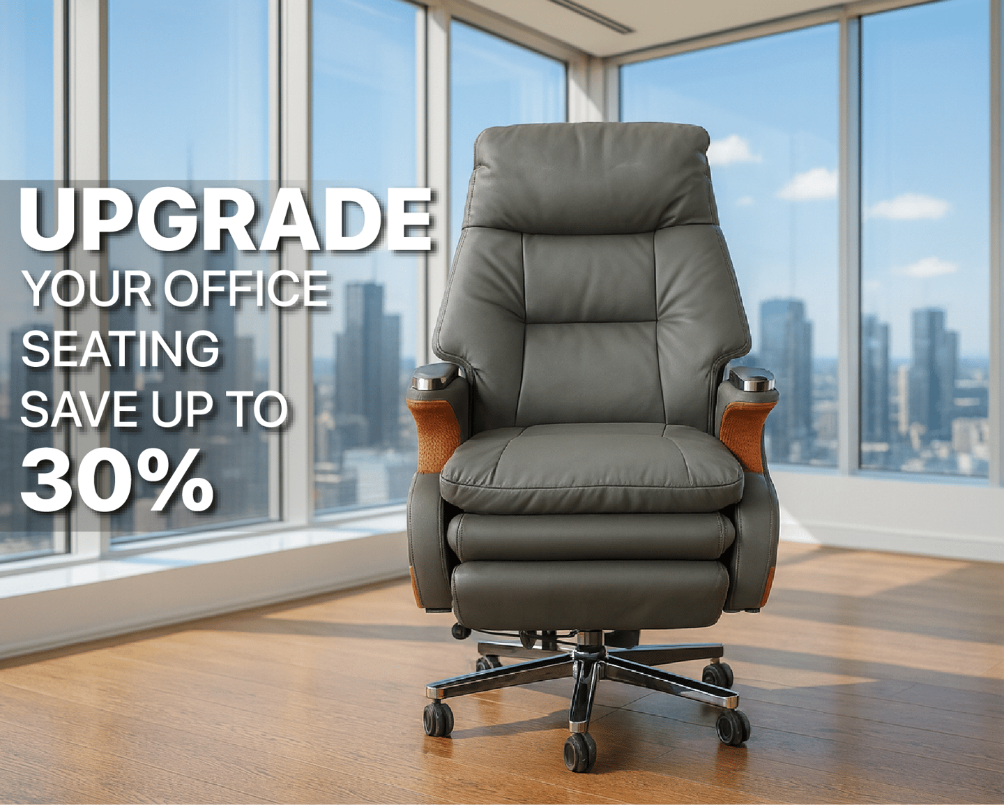 Ergonomic grey leather office chair in a modern high-rise office with a 30% off promotional text.