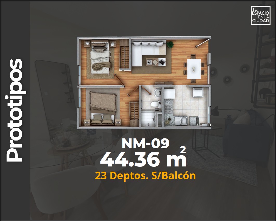 LASU Características Depto.  Plano con 2 recamaras, sala comedor, baño y cocina. 44 m2
