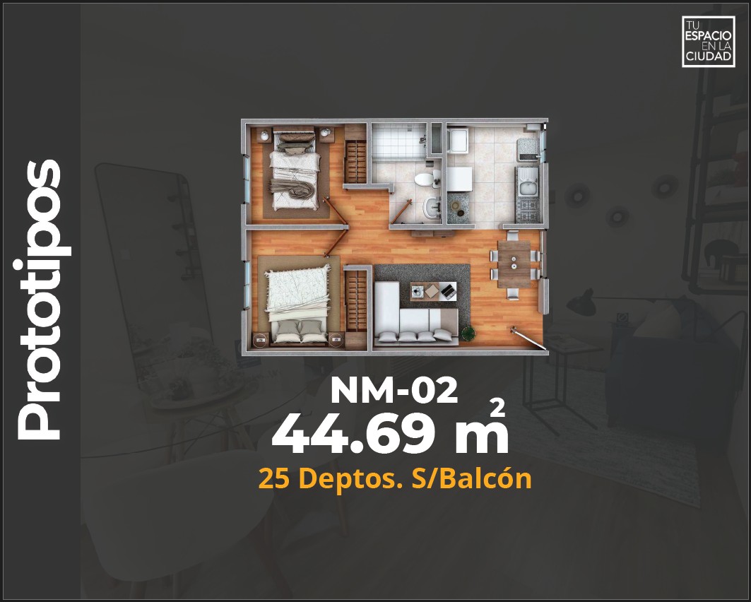 LASU Características Depto.  Plano con 2 recamaras, sala comedor, baño y cocina. 44 m2