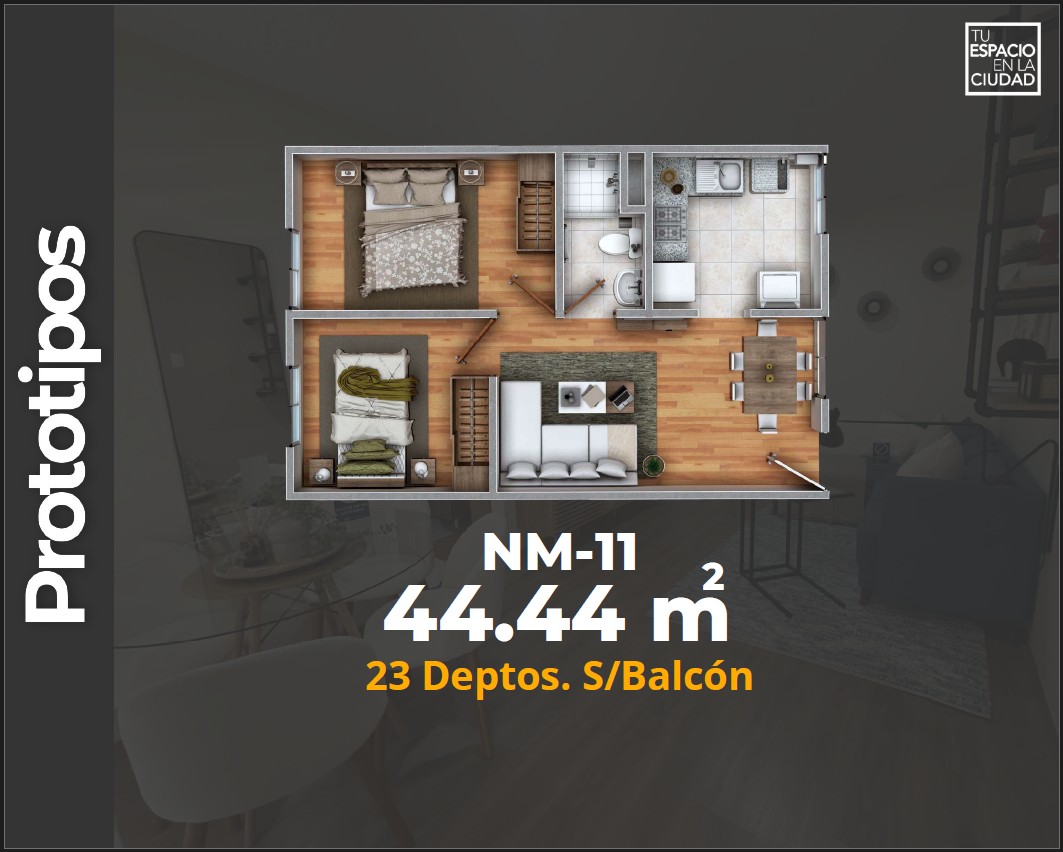 LASU Características Depto.  Plano con 2 recamaras, sala comedor, baño y cocina. 44 m2
