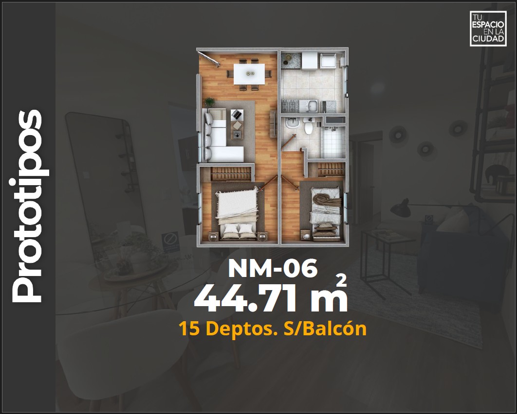 LASU Características Depto.  Plano con 2 recamaras, sala comedor, baño y cocina. 44 m2