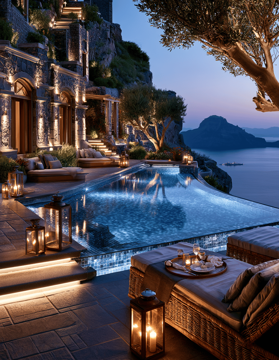 Luxury infinity pool at a Mediterranean villa with lanterns overlooking the sea at sunset.