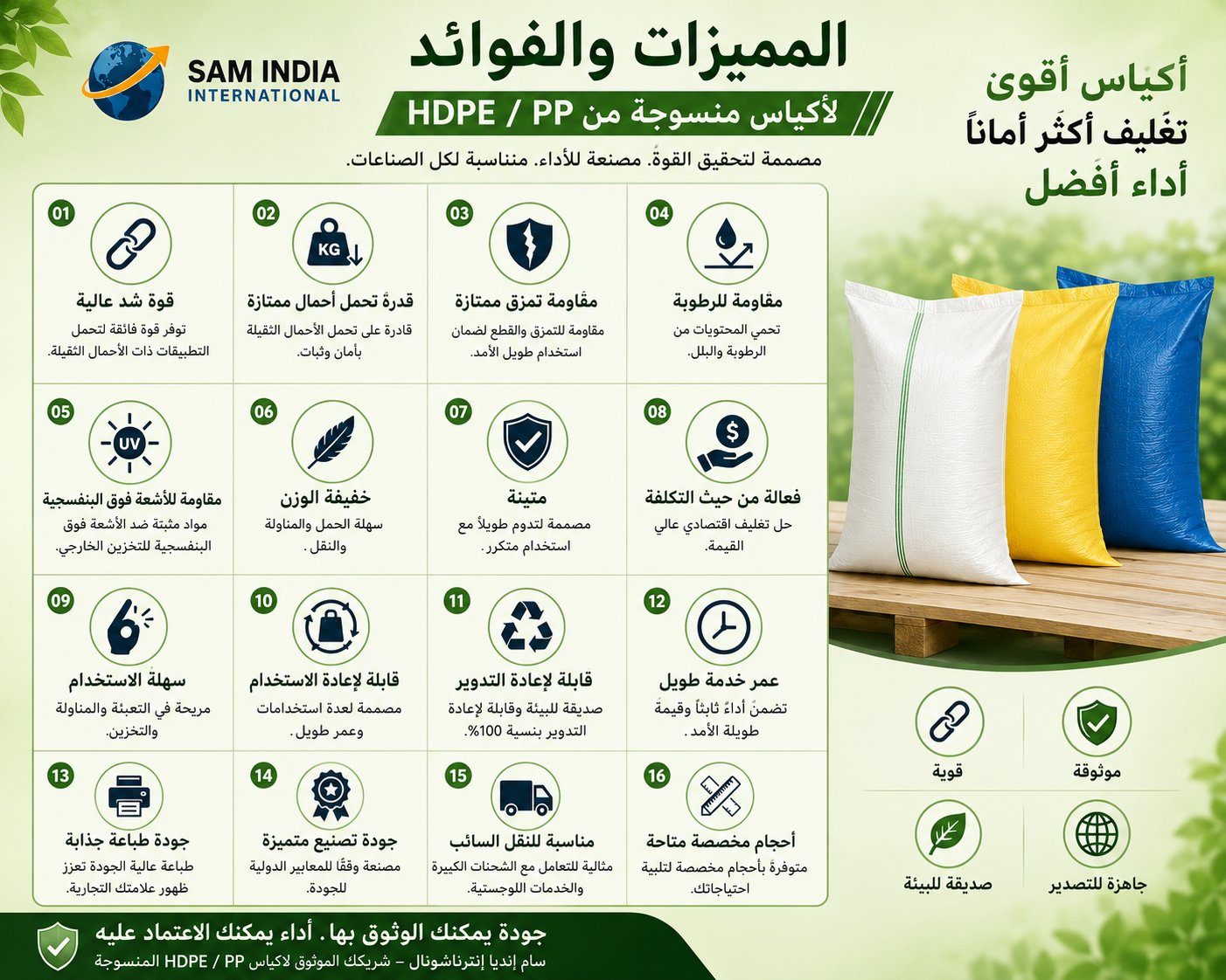 Infographic showing features of Sam India International woven HDPE and PP bags including durability and UV resistance.