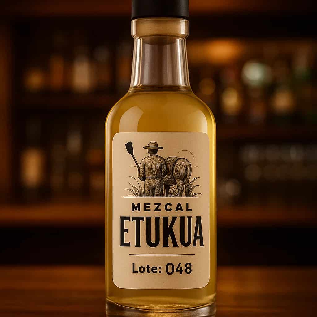 Close-up de etiqueta con número de lote en botella de mezcal artesanal