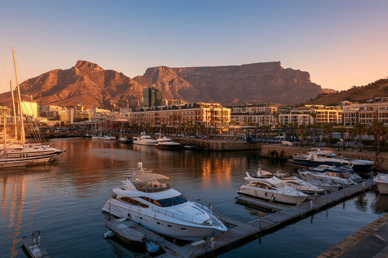 Luxury yachts moored at V&A Waterfront harbor with Table Mountain at sunset in Cape Town, South Africa.