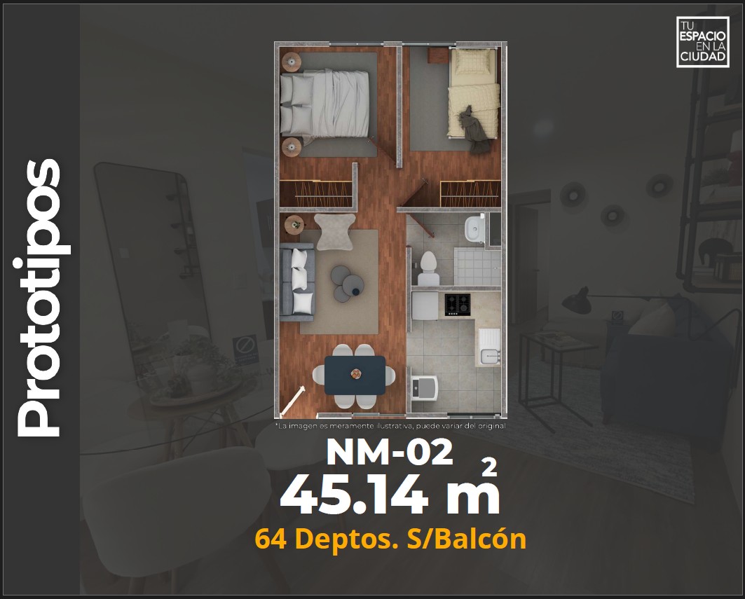 FECA Características Depto.  Plano con 2 recamaras, sala comedor, baño y cocina 46 m2