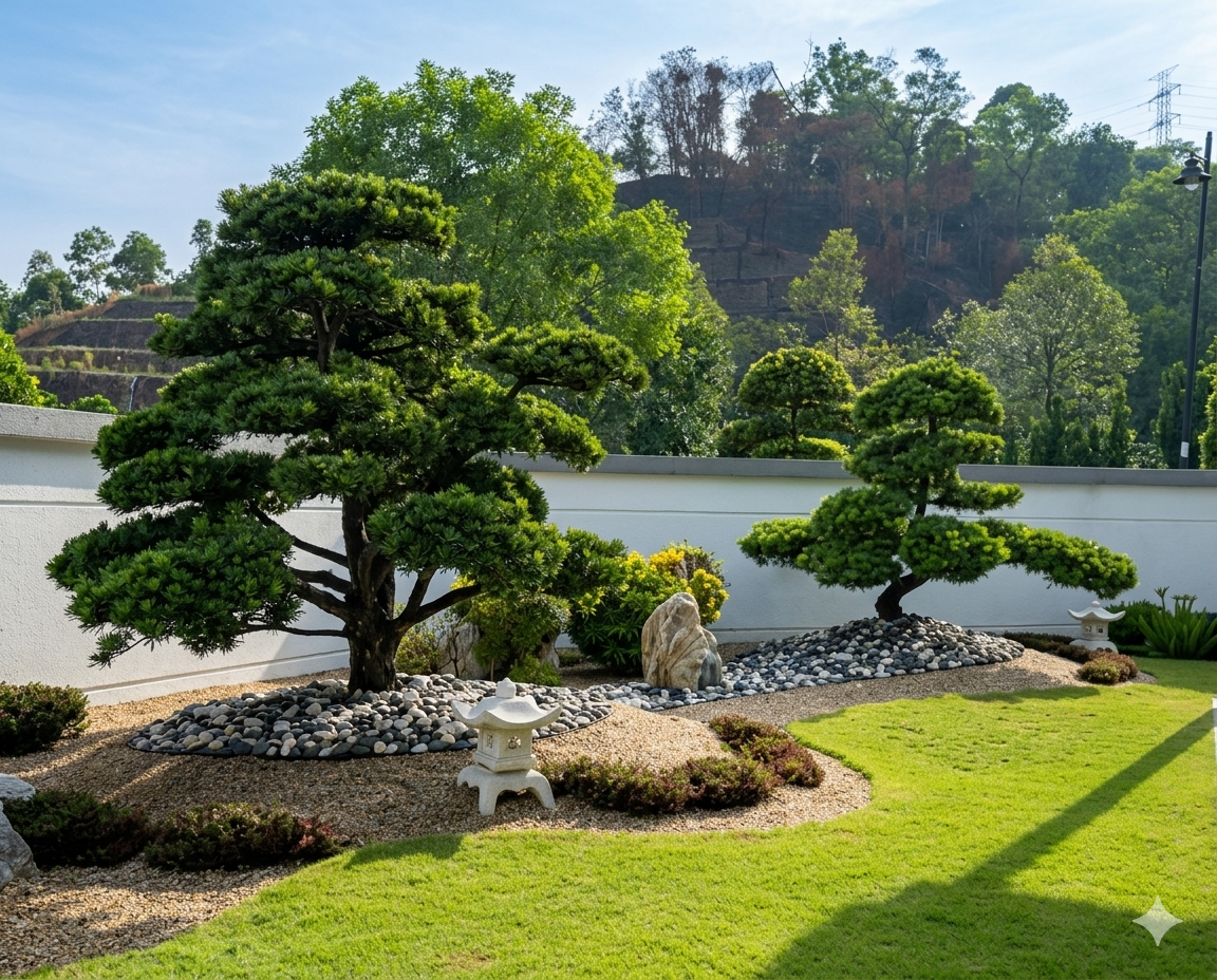 Japanese garden with bonsai pine trees, stone lanterns and gravel – Yie Yang Landscape