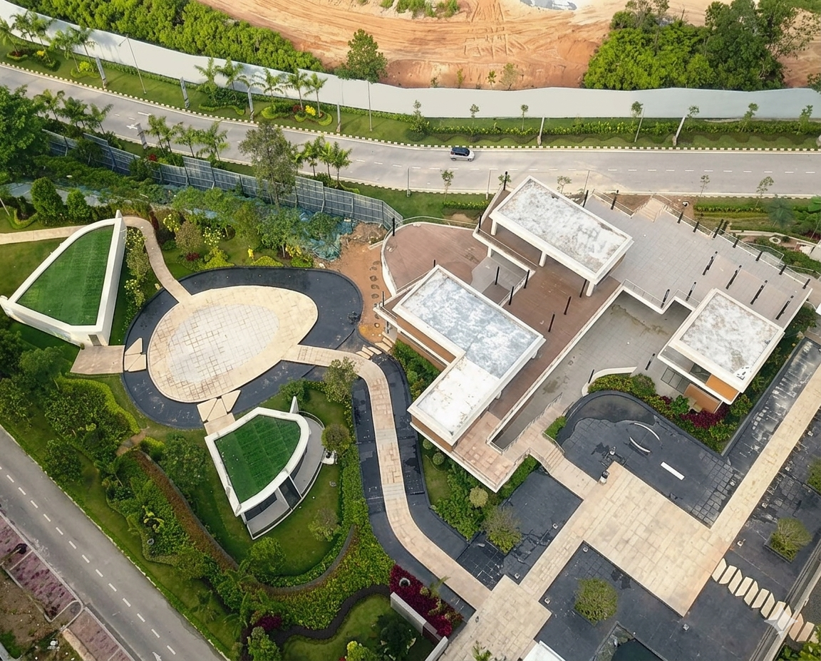 Aerial view of commercial landscape design with turf and garden beds – Yie Yang Landscape
