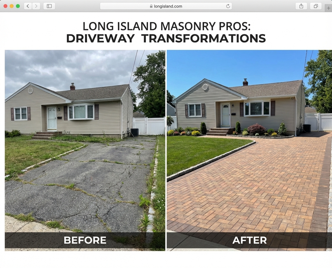 Before and after masonry transformation of an old asphalt driveway to new brick pavers in Long Island.