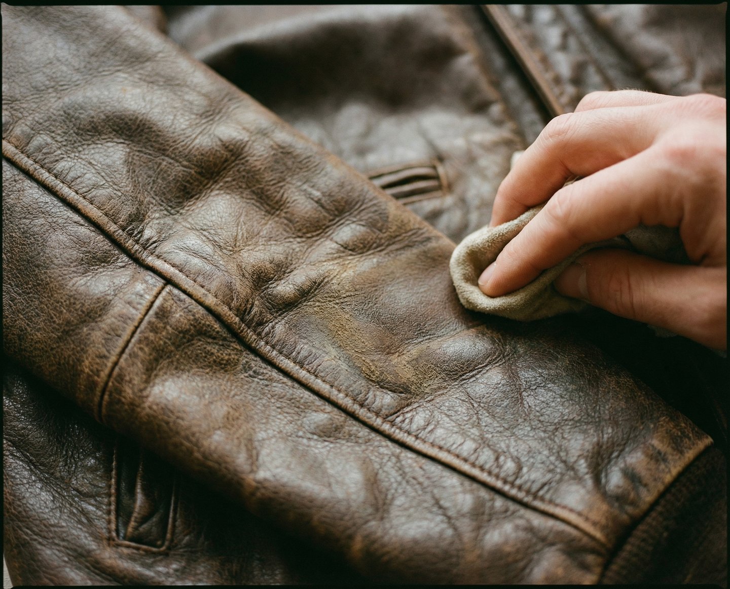 Addetto alla pulizia dei giubbini di pelle che pulisce in modo professionale un giubbino di pelle