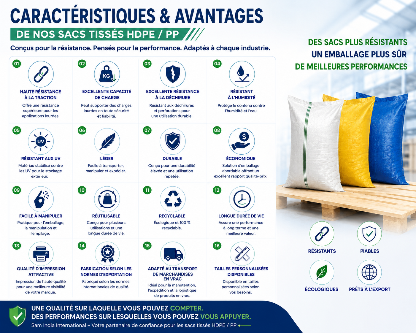 Infographic showing features of durable HDPE and PP woven bags for industrial packaging and bulk transport.