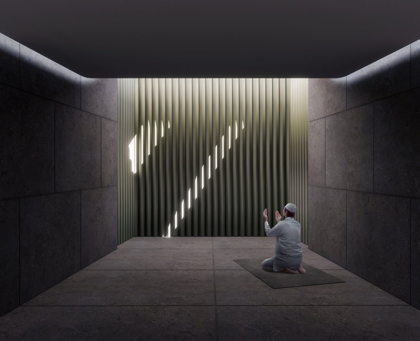 A man praying in a solemn space