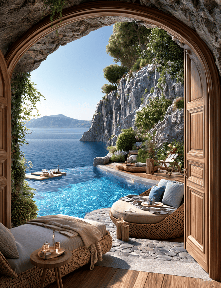 Luxury cave villa patio featuring an infinity pool overlooking the Mediterranean Sea and coastal cliffs.