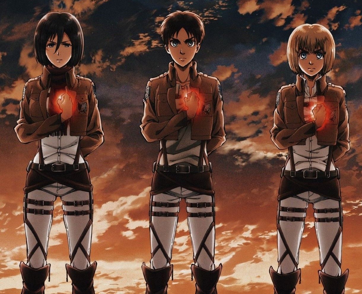 Eren Mikasa e Armin Attack on Titan personagens principais