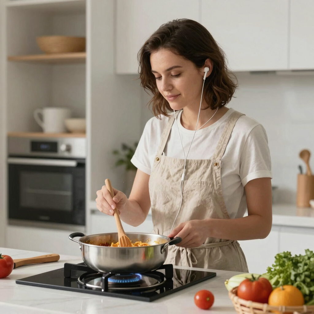 A woman wearing ear buds and cooking