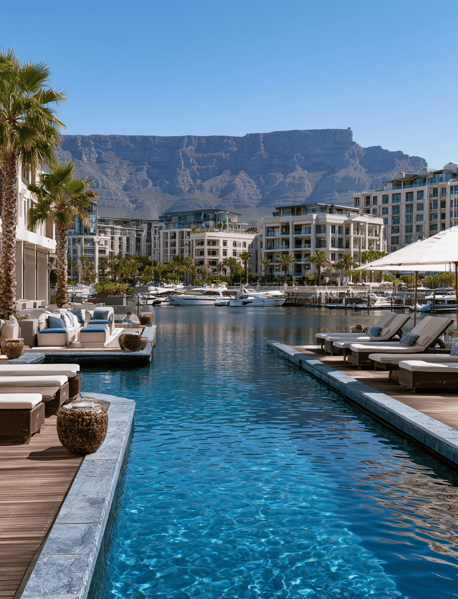 Luxury resort pool at V&A Waterfront in Cape Town with views of Table Mountain and harbor yachts.