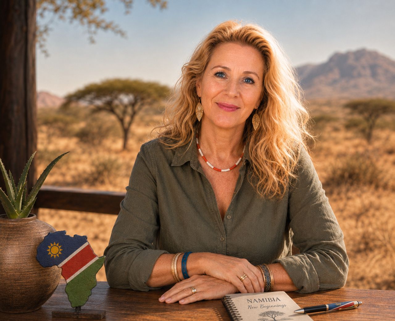 Blonde Frau in Safari-Kleidung im namibischen Savannengelände vor Wüstenbergen.