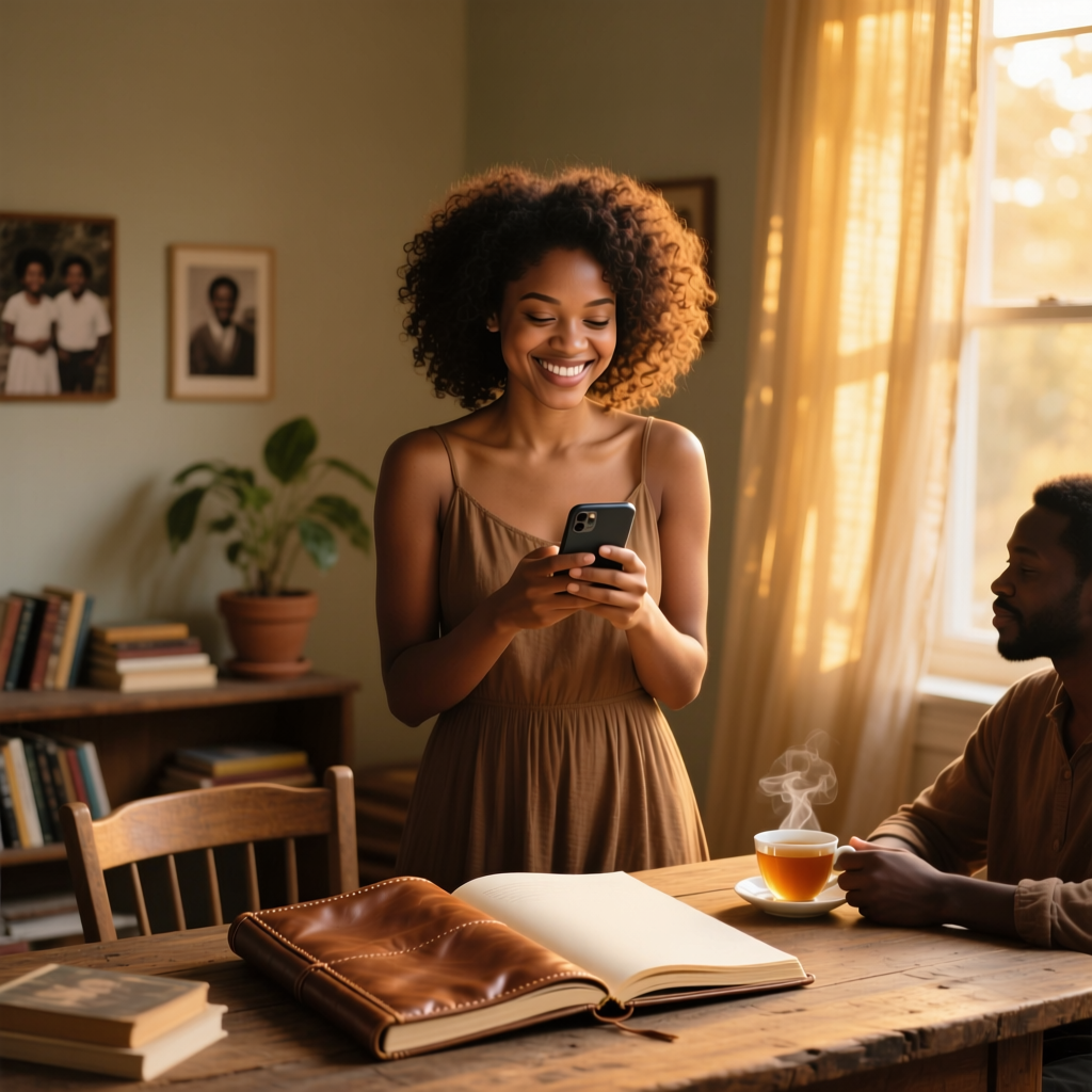 a woman is smiling while she is holding a cell phone