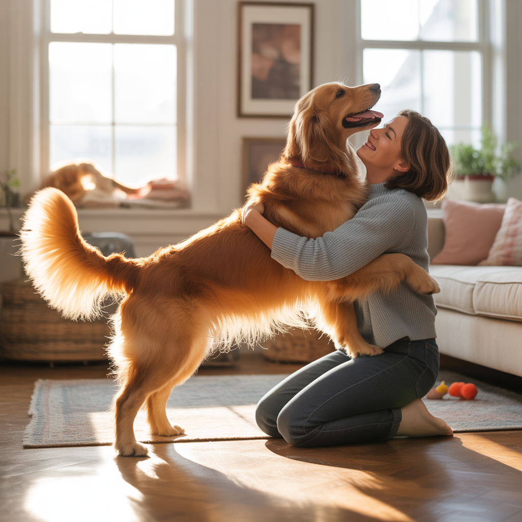 Pet owner holding dog affectionately at home.