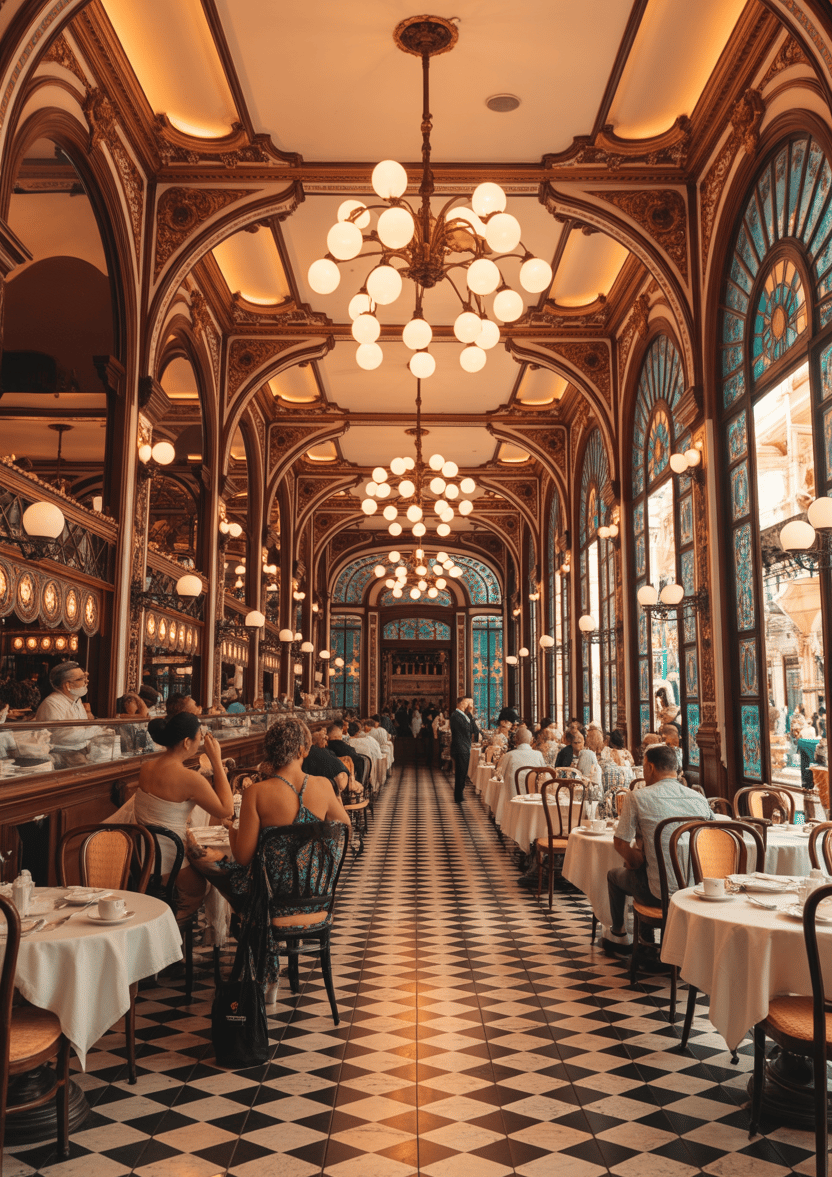 Elegant cafe with Belle Époque architecture, stained glass windows, and patrons dining at tables.