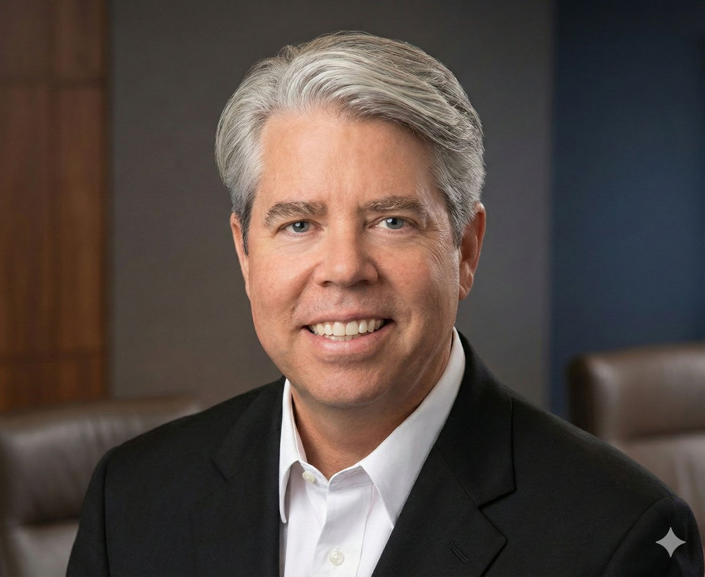 Professional headshot of a smiling male executive with grey hair in a black suit jacket.