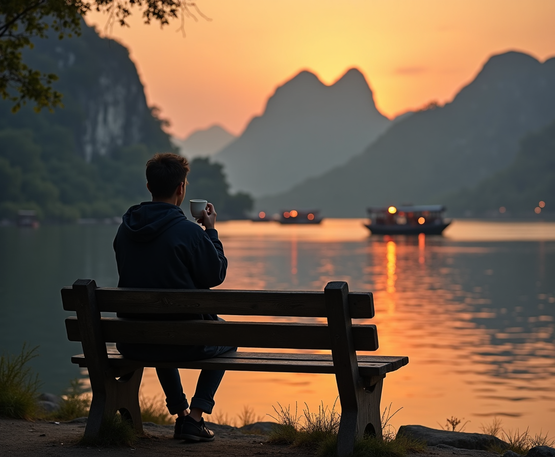 a man sitting on a bench with a cup of coffee near Dalyan channel at sunset