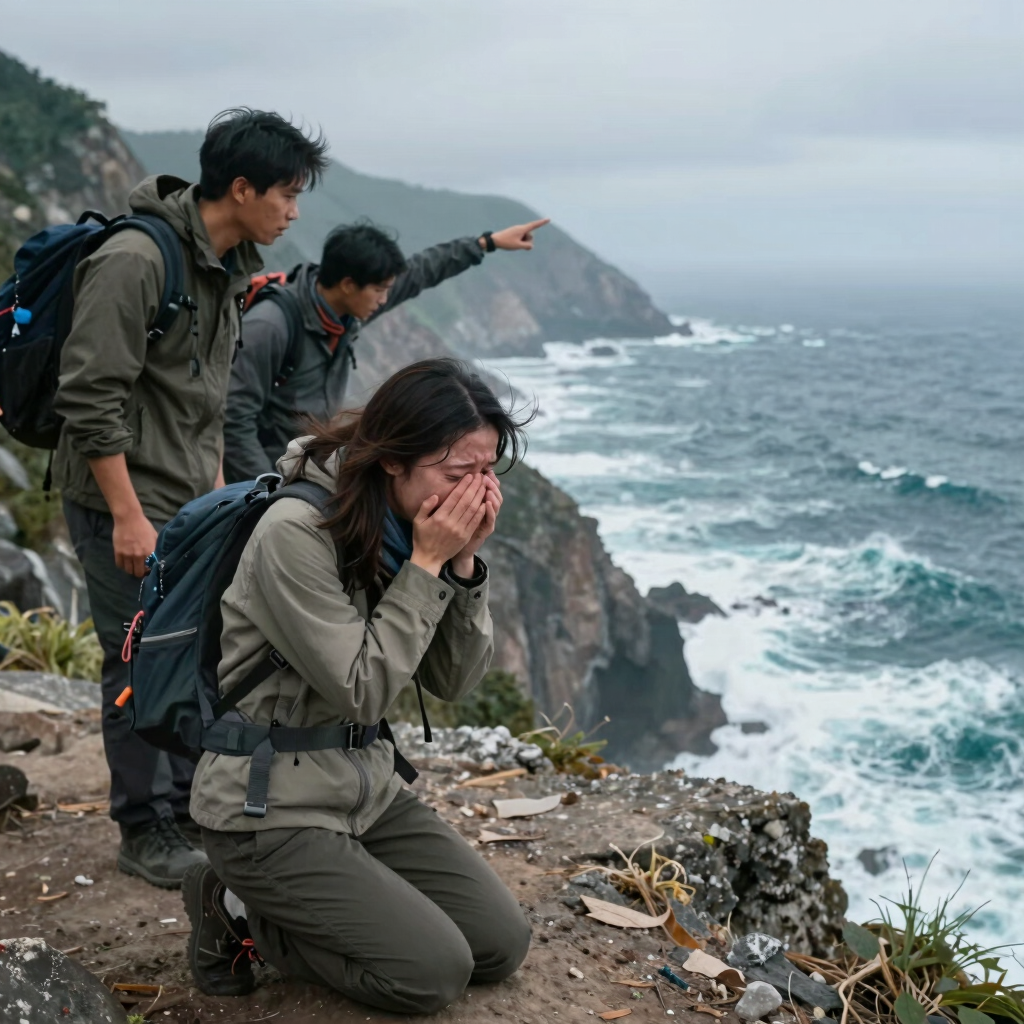 Distressed woman kneeling on a coastal cliff one of the mwith hikers looking out at the ocean waves.