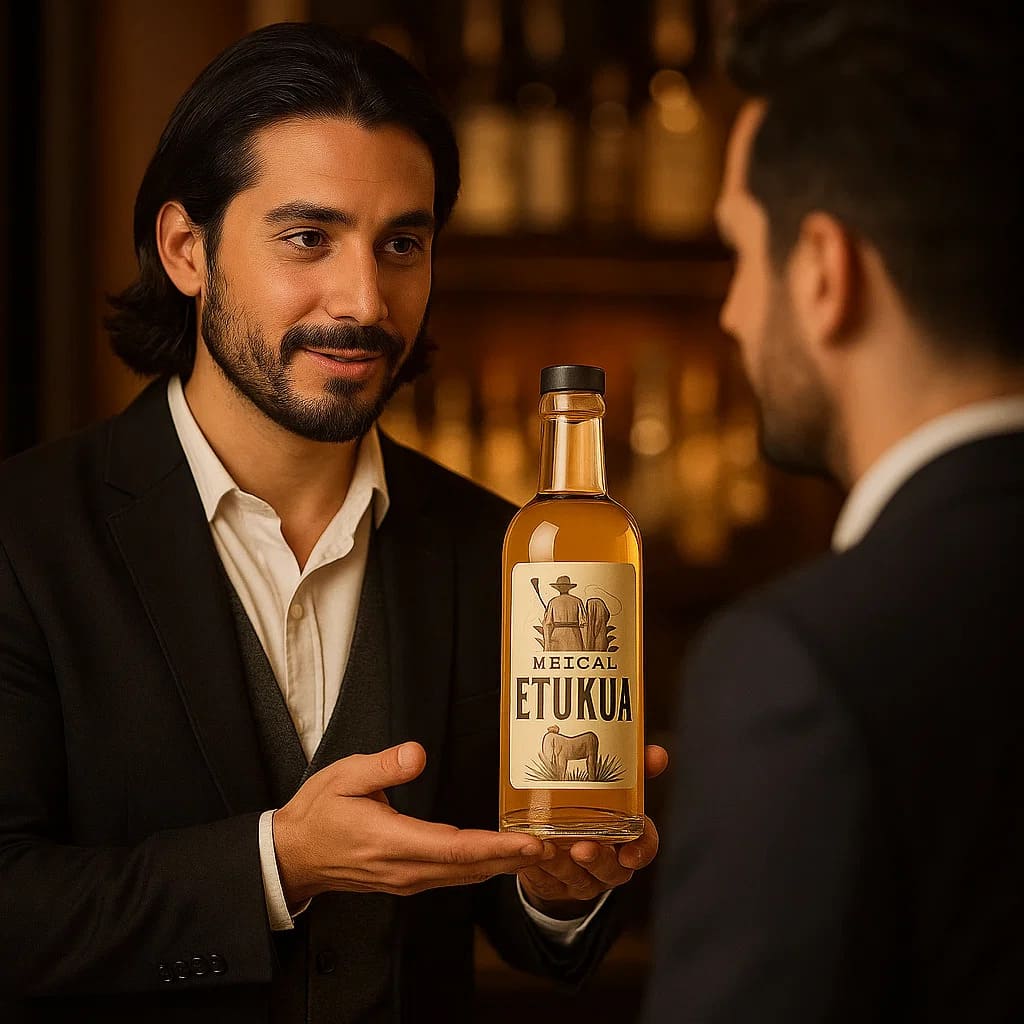 Vendedor explicando amablemente el valor de una botella de mezcal artesanal a cliente interesado en 